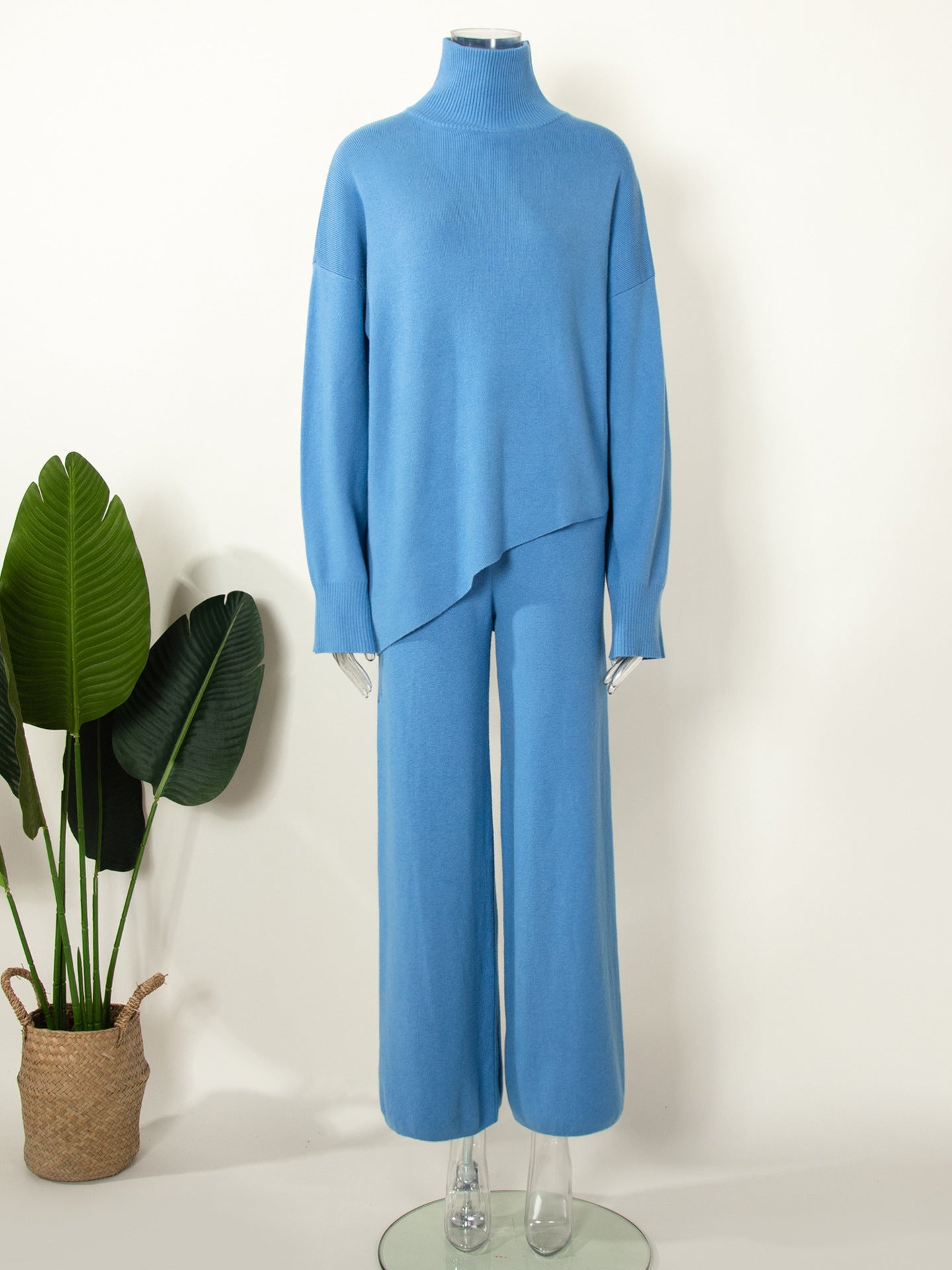 Half Turtleneck Irregular Asymmetric Sweater Suit Beveled Sweater Knitted Wide Leg Pants