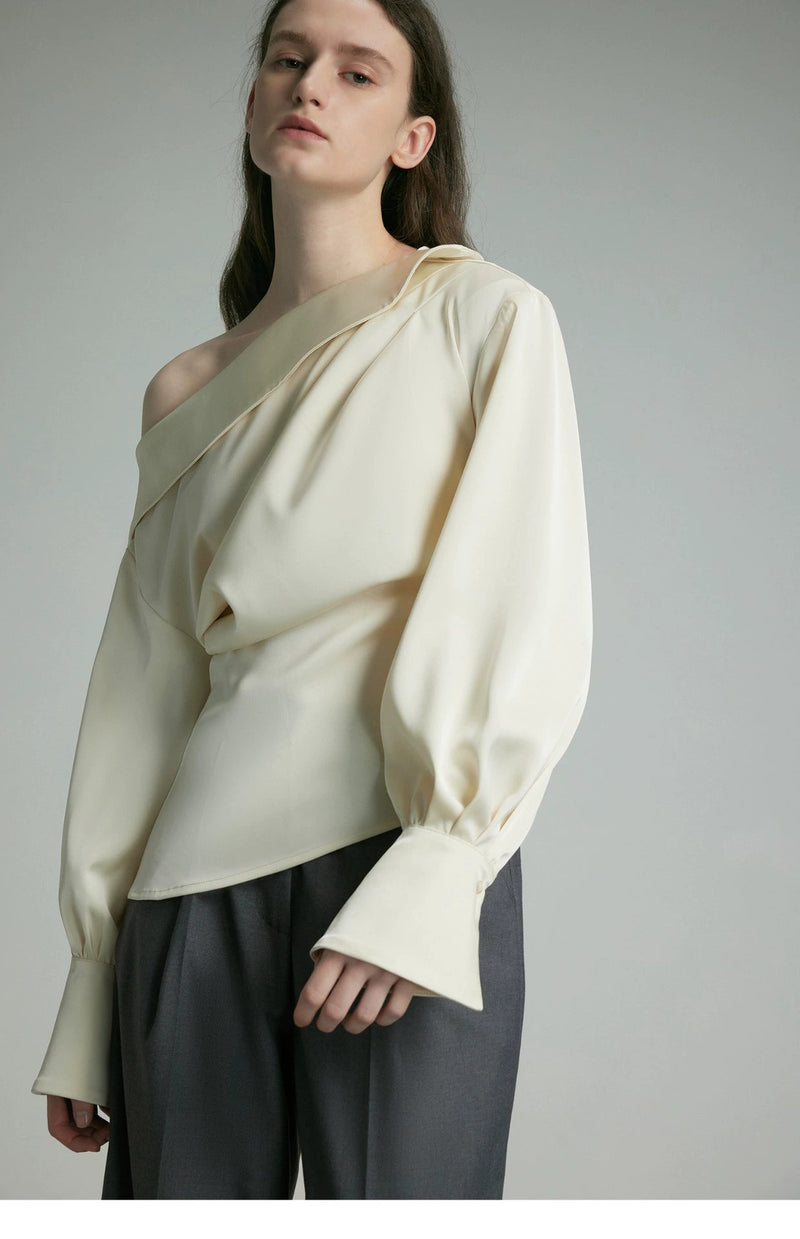 Ivory Draped Balloon Sleeve Blouse