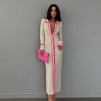 Slim Collared Patchwork Long Sleeved Cardigan Dress
