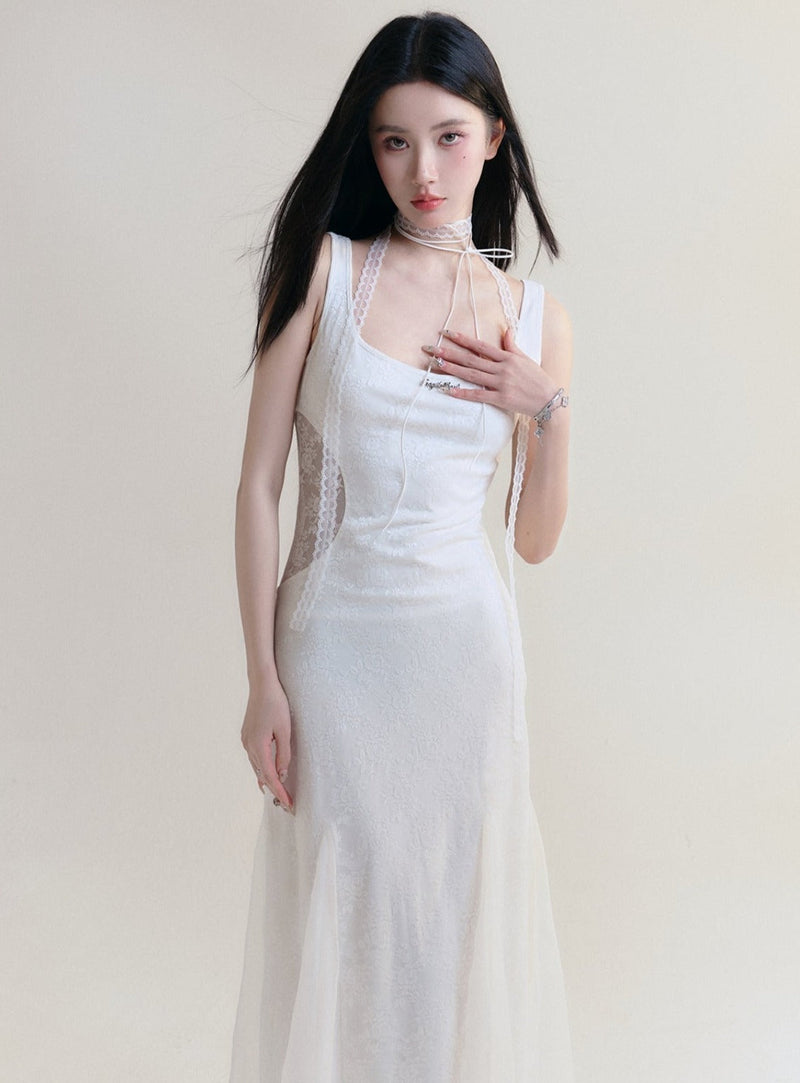 White Sleeveless Maxi Dress - Fitted Bodice With Flared Hem