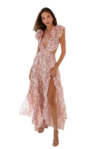 Deep V Ruffled Midi Dress