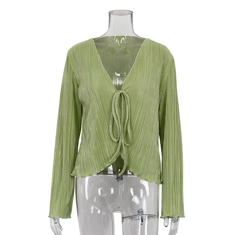 Summer Cardigan Lace-up Slim Flared Long Sleeve Pleated Shirt French Textured