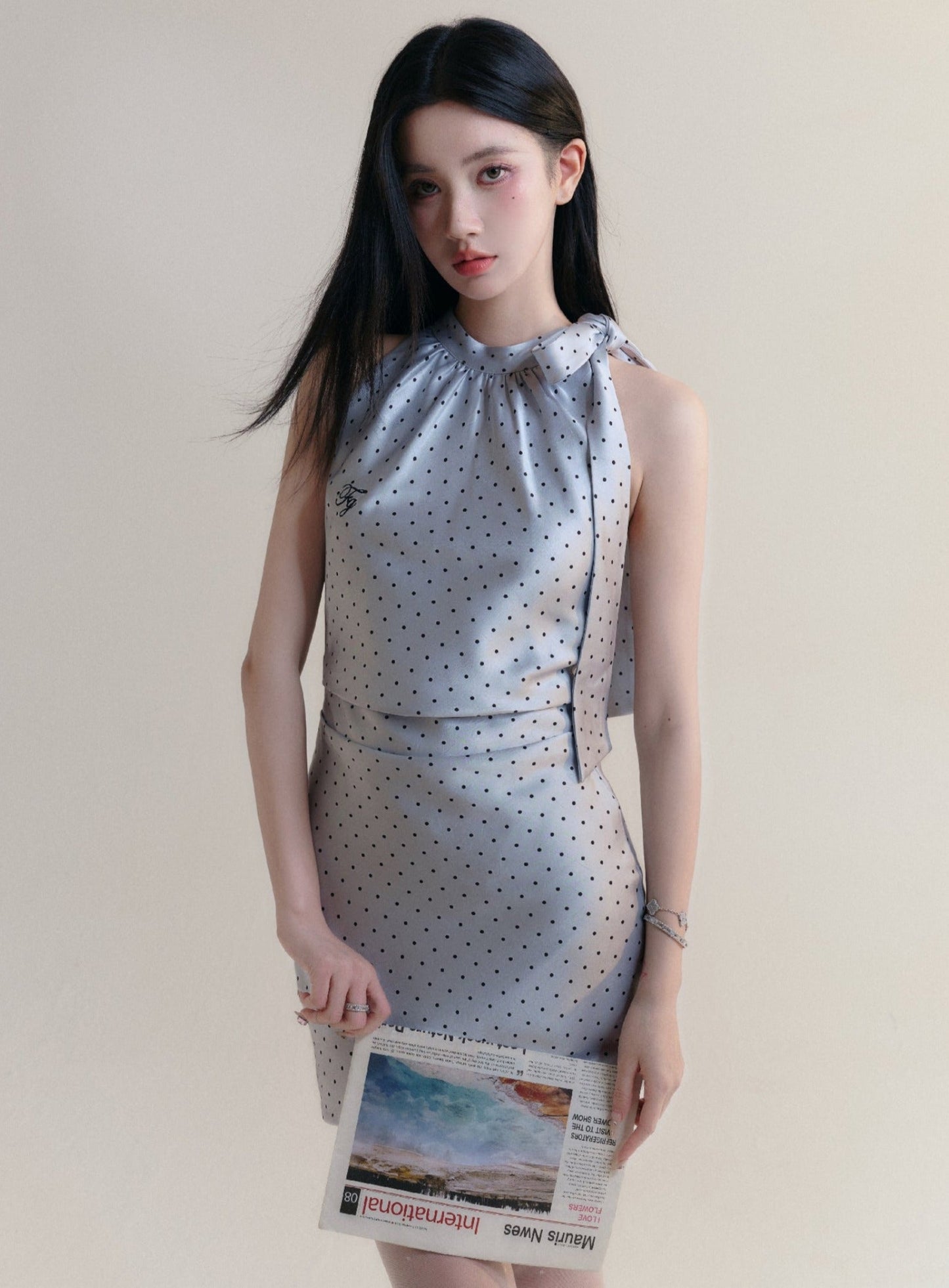 Polka Dot Halter Neck Mini Dress in Light Blue