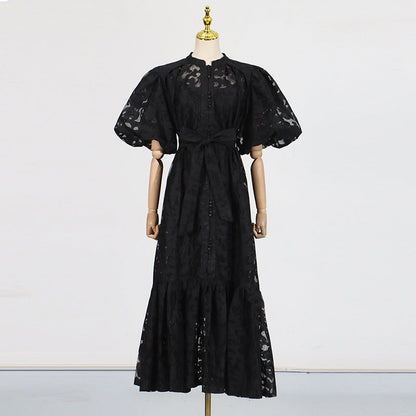 Retro Design Maxi Dress Spring Summer Single Breasted Printed Lace Up Short Sleeve Long Pattern Dress
