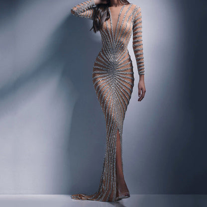 Spring Rhinestone Clothing Mesh See Through Long Sleeve Split Maxi Dress
