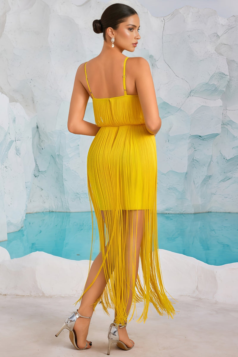 Anita Yellow Strapless Fringe Maxi Dress