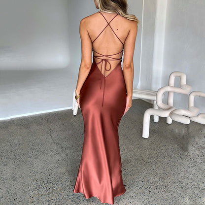 Clothing Strap Satin Dress Autumn Backless Lace Up Waist Controlled Maxi Dress