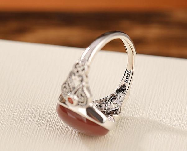 Red Agate Dragon Sterling Silver Ring