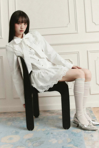 Romantic White Lace Mini Dress With Bow Tie Collar and Scalloped Hem