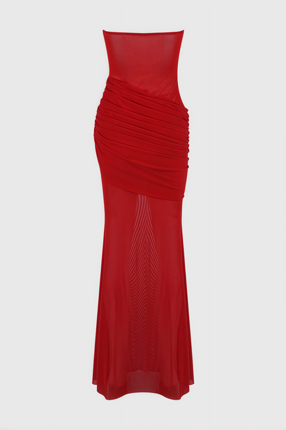 Nydia Red Strapless Sheer Mesh Maxi Dress