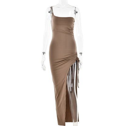 Spring Single Shoulder Cami Dress Tight Ruched High Split Maxi Dress for
