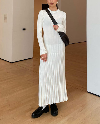 Autumn Winter Knitted Dress Waist Tight Round Neck Big Pit Stripe Slimming Knitted Maxi Dress