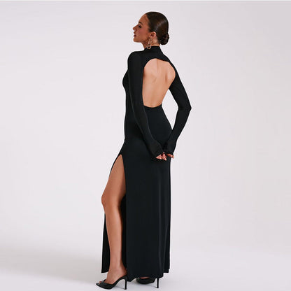 Spring Long Sleeve High Neck Backless Slit Maxi Dress Dress