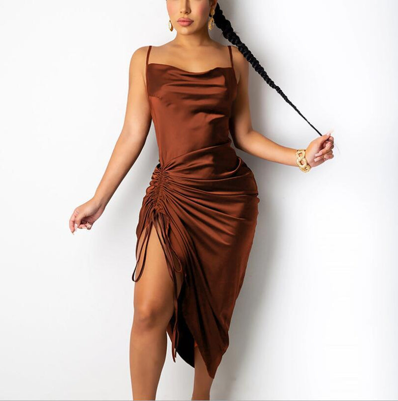 Summer Clothes Lacing Split Pleating Sling Maxi Dress