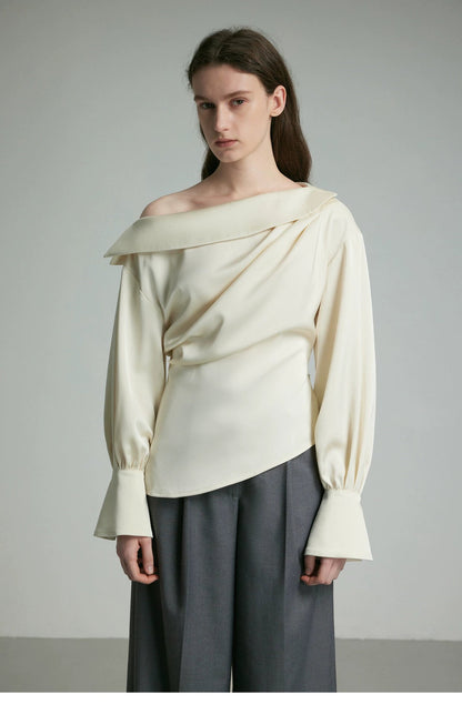 Ivory Draped Balloon Sleeve Blouse