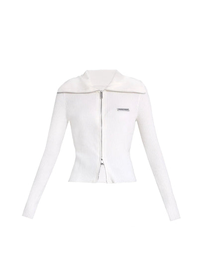 Ribbed Zip-front Cropped Cardigan - Fitted Long Sleeve Knit Top