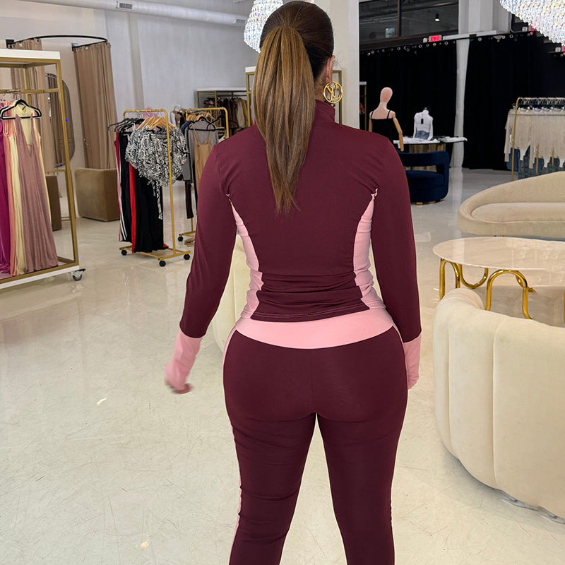 Clothing Autumn Winter Contrast Color Stitching Finger Fit Design Zipper Collared Cardigan Tight High Waist Suit