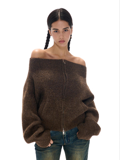 Off-the-shoulder Zipper Knit Cardigan