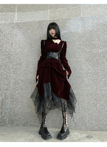 Ladyghost Gothic Victorian Maxi Dress - Burgundy Velvet and Black Mesh Layered Gown With Corset Belt