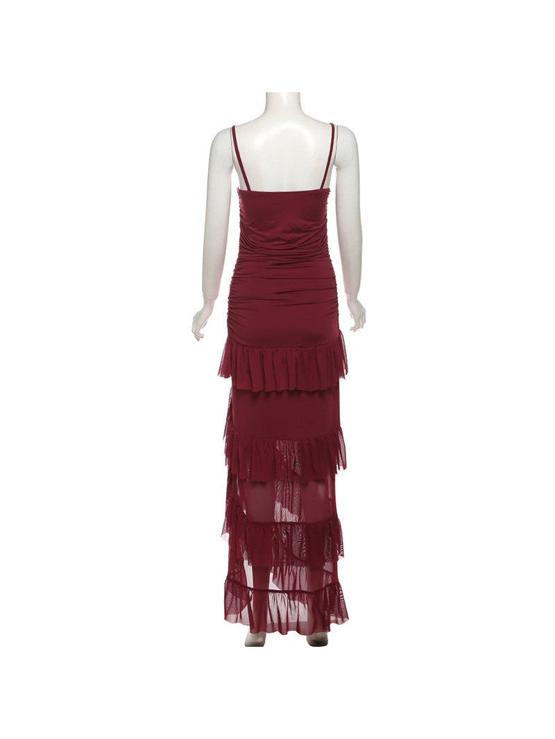 Simmy Spaghetti Strap Cutout Ruffle Slit Maxi Dress