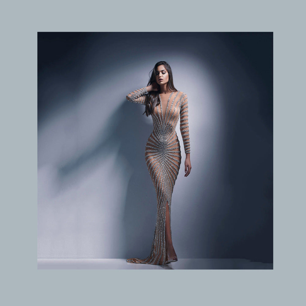 Spring Rhinestone Clothing Mesh See Through Long Sleeve Split Maxi Dress