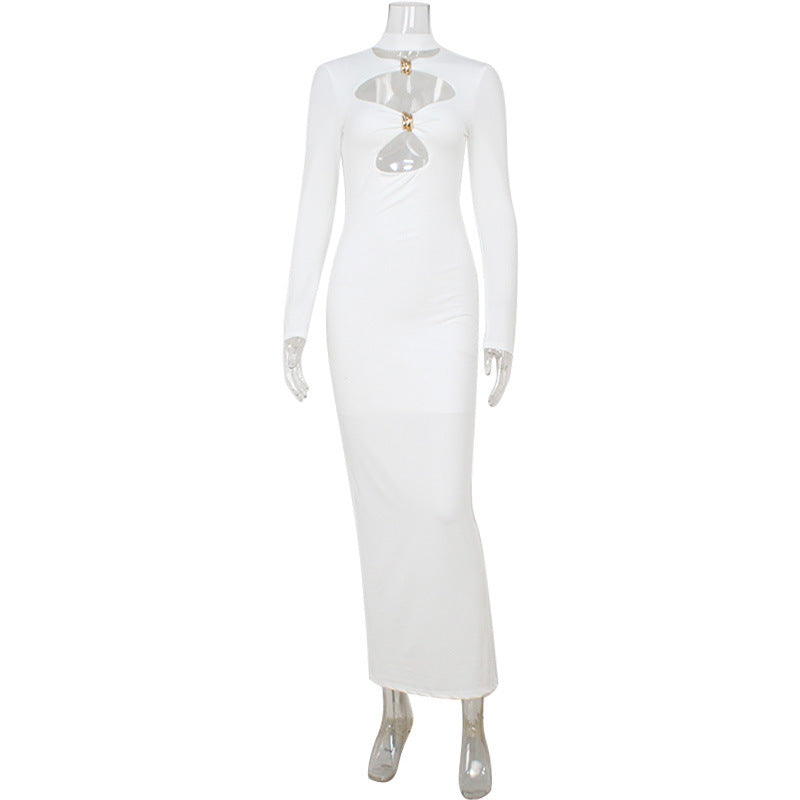 Design Hollow Out Cutout Out High Class Slim Fitting Simple Color Maxi Dress Hip Dress