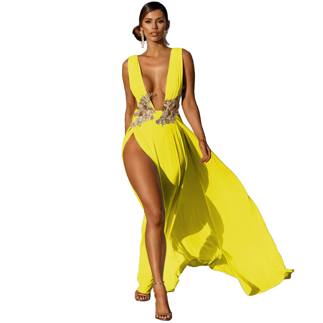 New Maxi Dress Wedding Evening Dress Deep V Plunge Plunge High Slit Part Large Swing Mop Dress