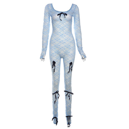 Spring See Through Hollow Out Cutout High Waist Jacquard Tight Long Sleeve Lace Jumpsuit