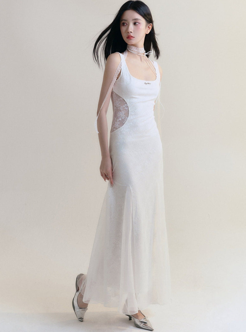White Sleeveless Maxi Dress - Fitted Bodice With Flared Hem