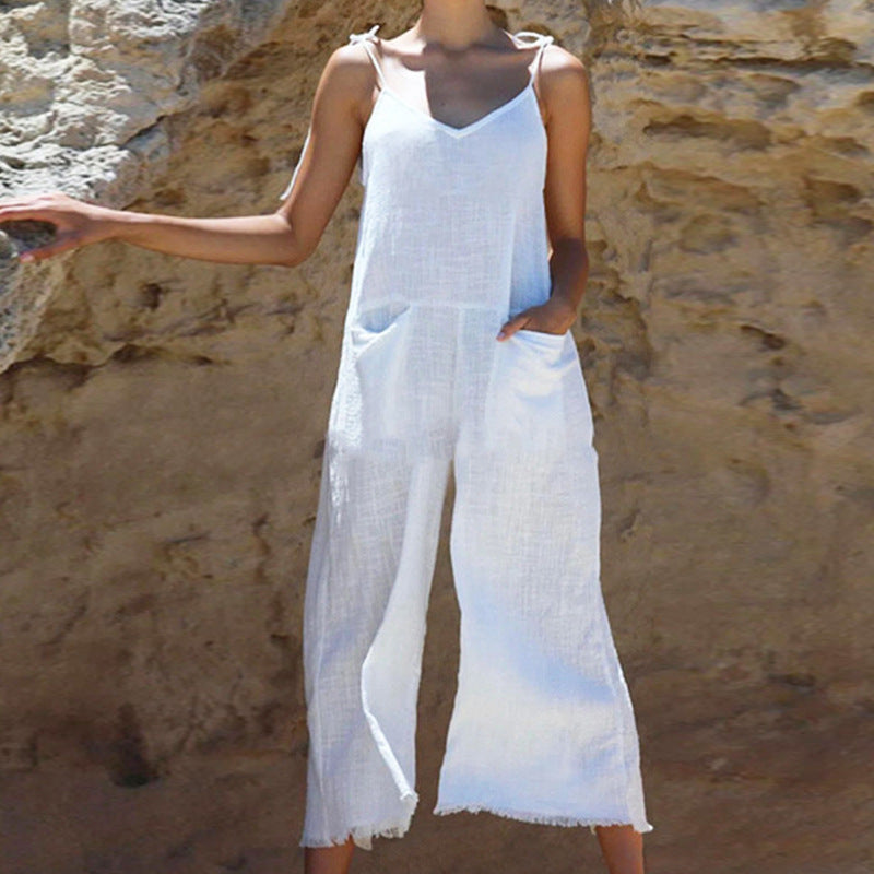 Popular Clothing Summer Color Sling Slub Linen Jumpsuit