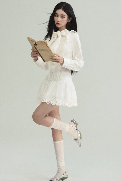 Romantic White Lace Mini Dress With Bow Tie Collar and Scalloped Hem