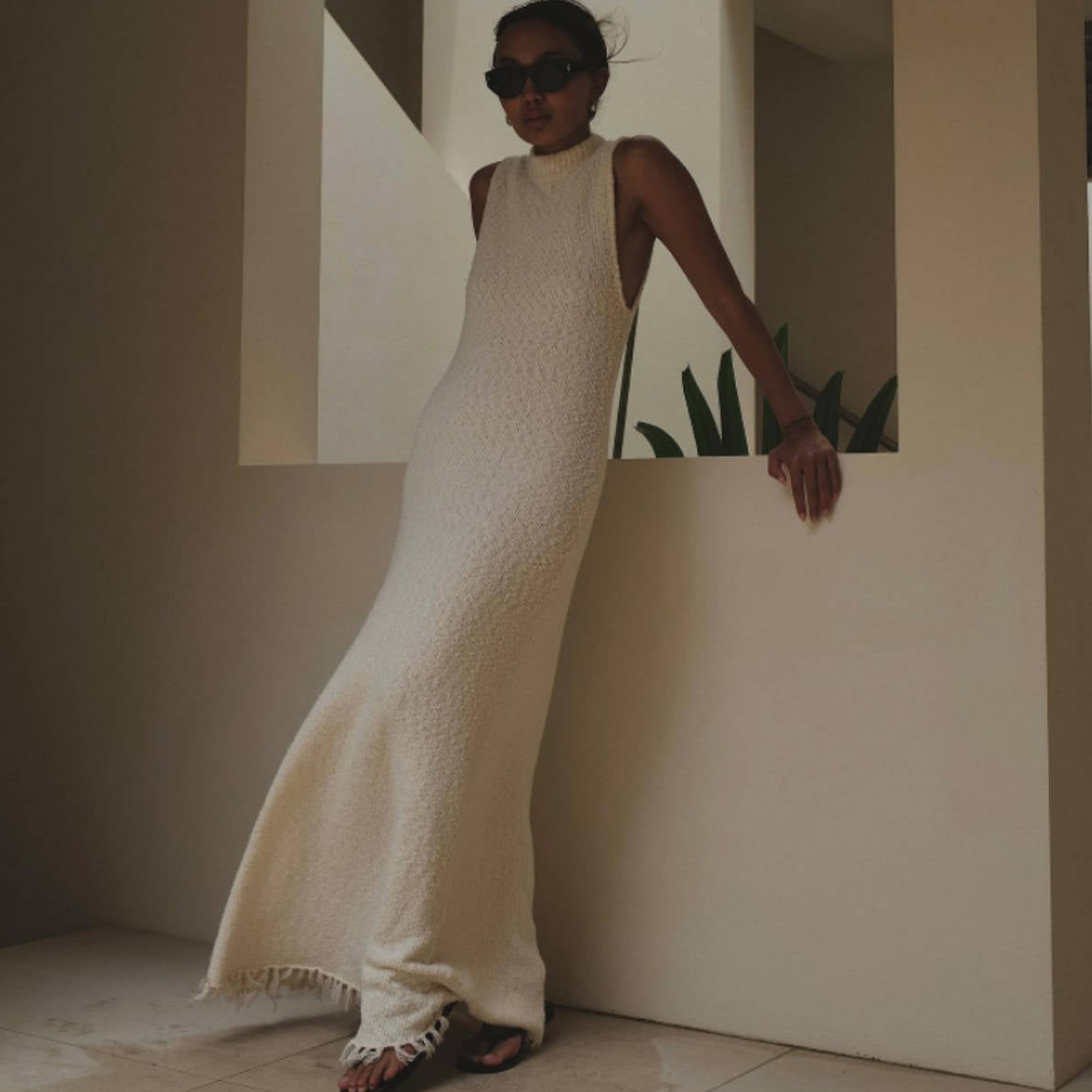 Beach Vacation Dress Knitted Sleeveless Tassel Maxi Dress Summer
