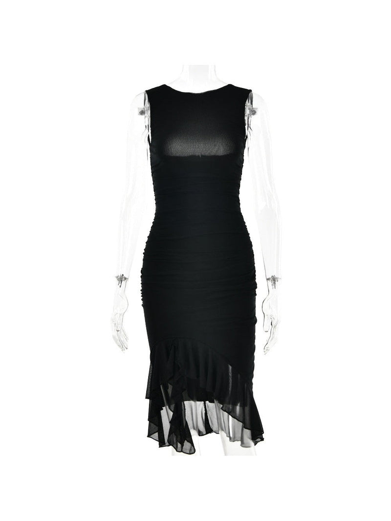 Round Neck Sleeveless Backless Pleated Midi Dress