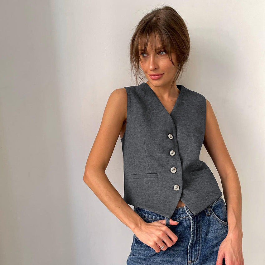 Summer Neutral Minimalist Gray Sleeveless Waistcoat Vest All Matching Clothing Two Piece Set