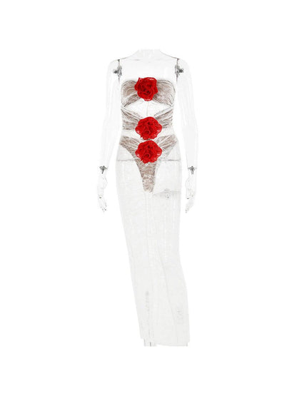 Lace Rose Tube Cutout See Through Maxi Dress