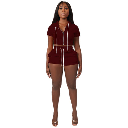 Clothing Supply Zipper Cardigan Color Short Top Hoodie Two Piece Set Set