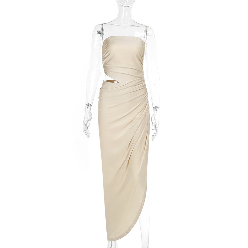 Spring Maxi Dress Slim Tube Top Hollow Out Cutout Pleated Dress