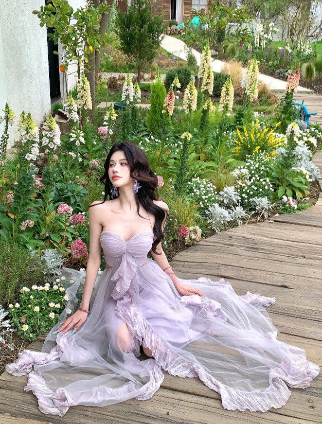 Strapless Purple Tulle Maxi Dress Summer Beach Vacation Outfit