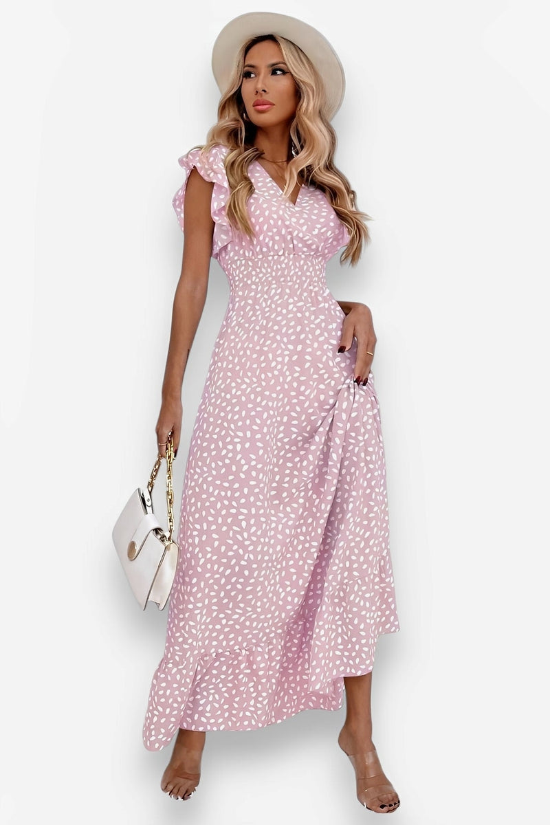 V-neck Ruffle Sleeve High Waist Dress