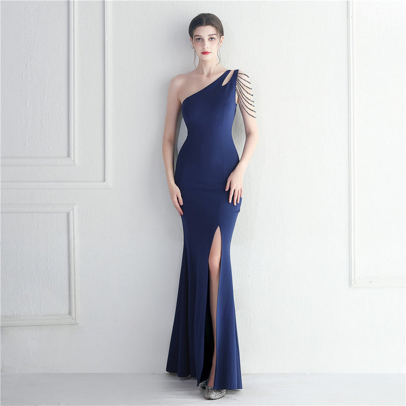 Craft Beaded One Shoulder Diagonal Collar Split Maxi Dress Performance Dinner Dress