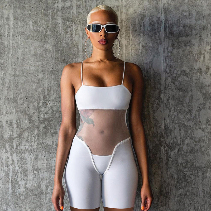 Special Mesh See Through Stitching Hollow Out Cutout Backless Sling Jumpsuit Summer