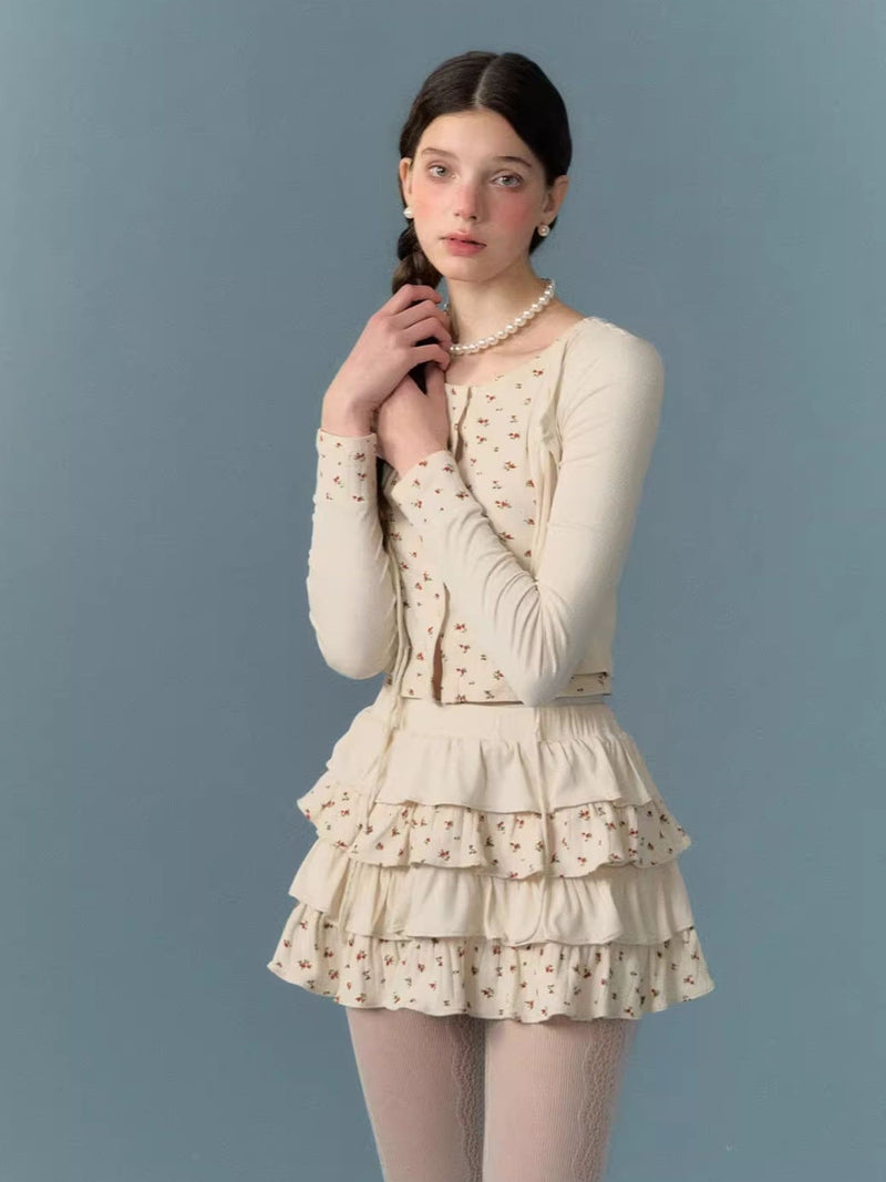 Splicing Strap Cardigan & Cake Skirt