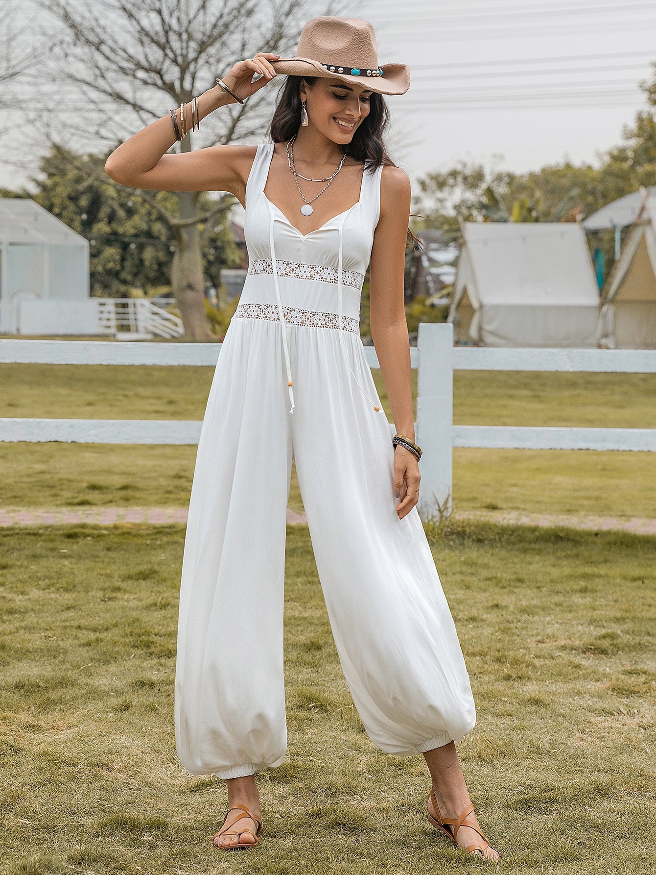 Bell Bottom Pants Drawstring Spaghetti Straps Sleeveless Hollow Out Cutout High Waist Jumpsuits