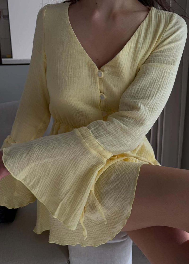 Lemon Aura - Flared Sleeve Button Romper