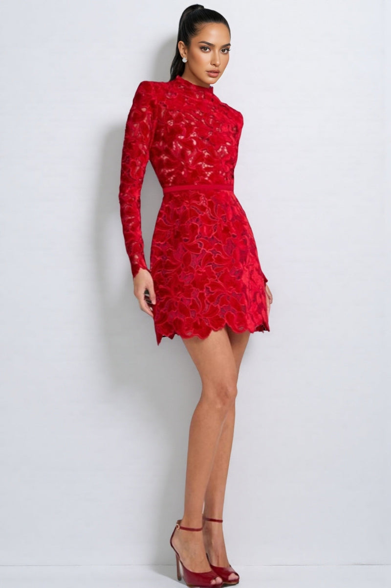 Beni Long Sleeve Lace Mini Dress-red