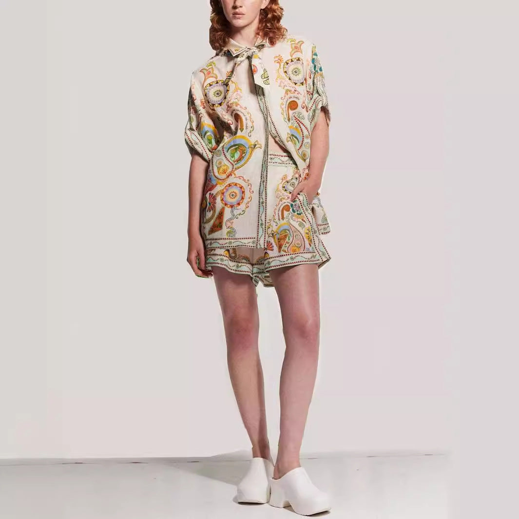 Linen Graffiti Linen Macaron Collared Shorts Sets