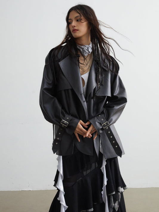 Matte Leather Short Coat With Slit Design