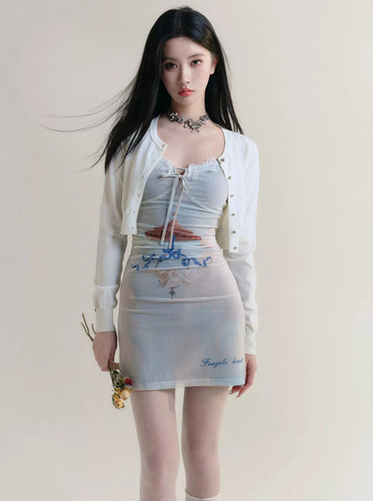 Whimsical Beach Print Spaghetti Strap Mini Dress With Lace Trim