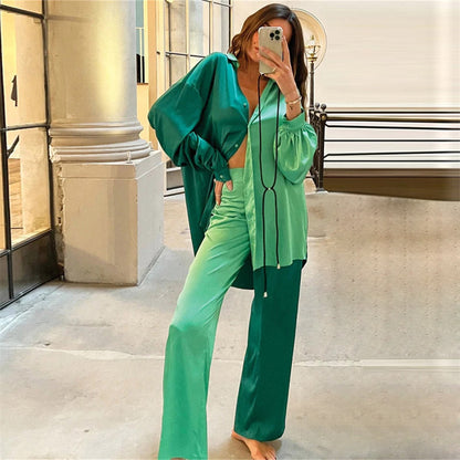 Spring Summer Satin Two Piece Set Colorblock Clothing Oversized Shirt Straight Pants Set