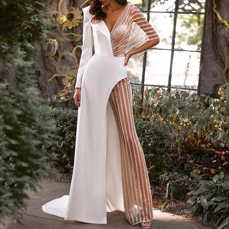 Spring Clothing V Neck Patchwork Lace Irregular Asymmetric Dress Dress Color Jumpsuit